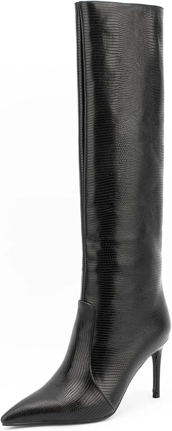 Lutalica W Women's Trendy Pointed Toe Faux Leather Special Printing Slip On Slouchy Elegant Stiletto High Heel Dress Knee High Boots