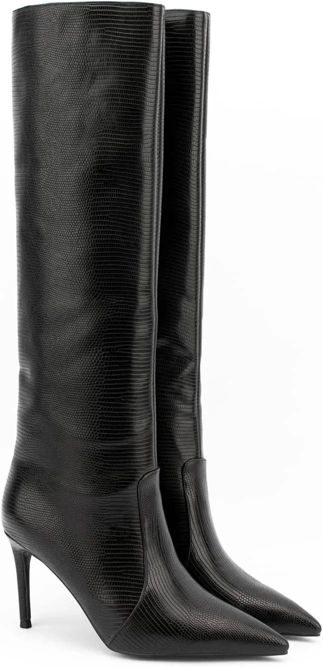 Lutalica W Women's Trendy Pointed Toe Faux Leather Special Printing Slip On Slouchy Elegant Stiletto High Heel Dress Knee High Boots