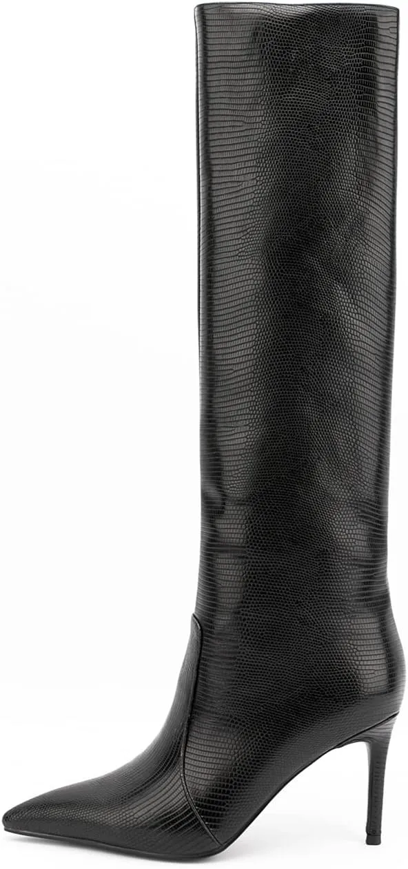 Lutalica W Women's Trendy Pointed Toe Faux Leather Special Printing Slip On Slouchy Elegant Stiletto High Heel Dress Knee High Boots