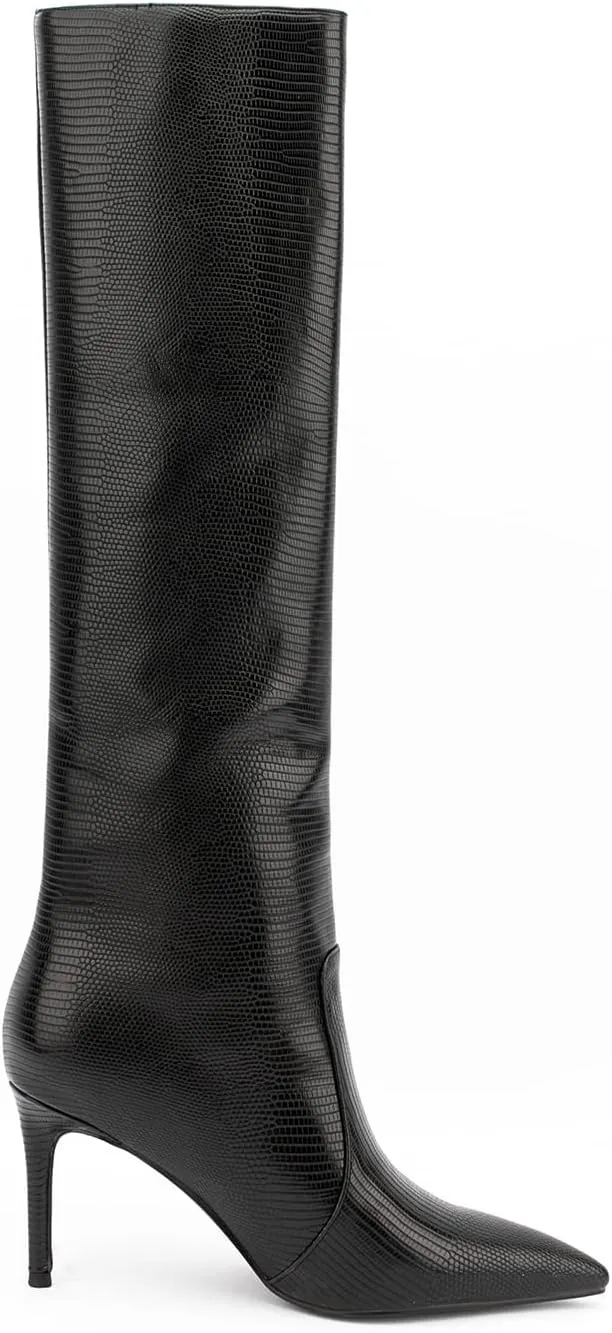 Lutalica W Women's Trendy Pointed Toe Faux Leather Special Printing Slip On Slouchy Elegant Stiletto High Heel Dress Knee High Boots