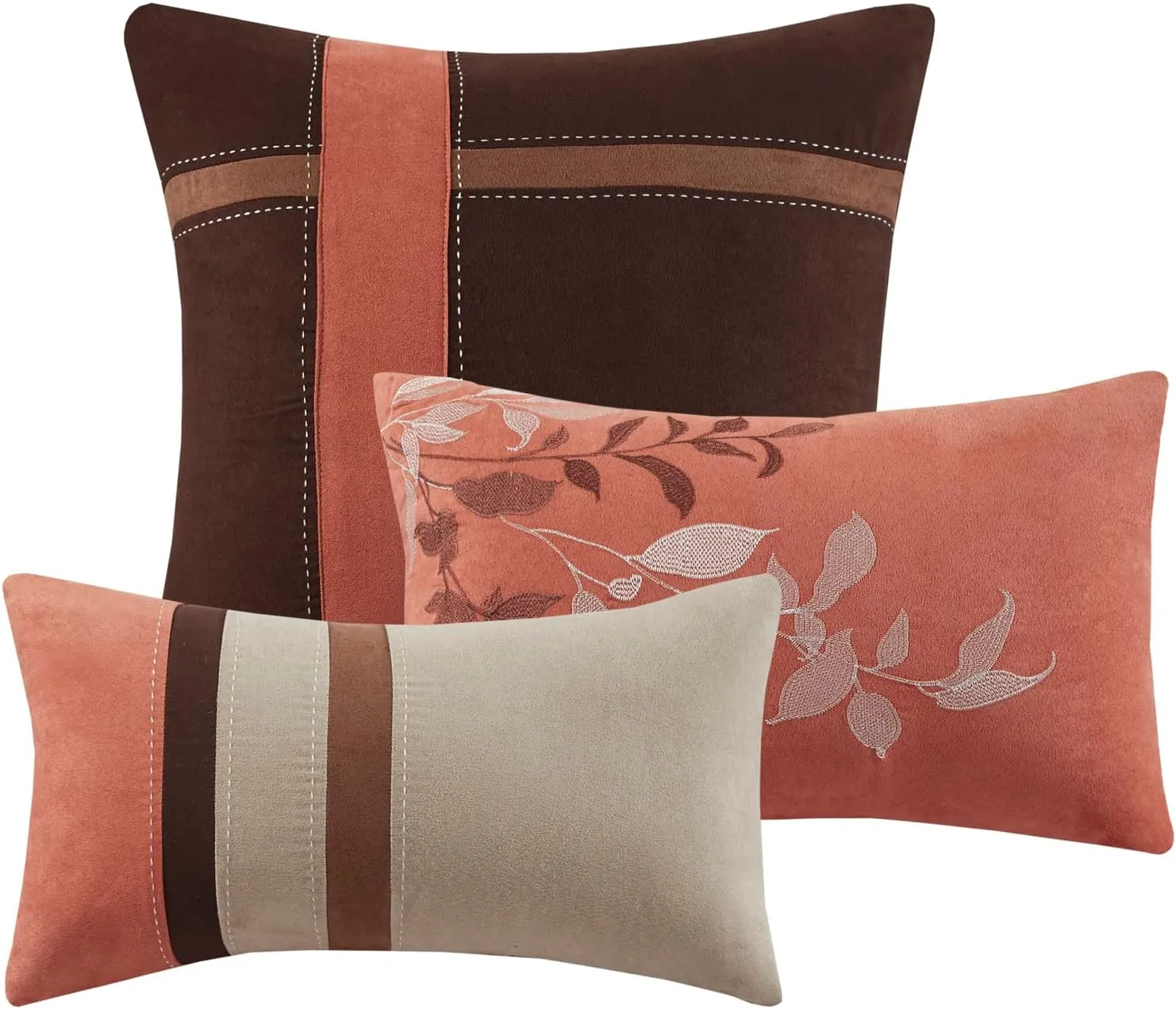 Madison Park Palisades Comforter Set Modern Faux Suede Pieced Stripe Design, All Season Down Alternative Cozy Bedding with Matching Shams, Decorative Pillows, King(104"x92"), Coral 7 Piece