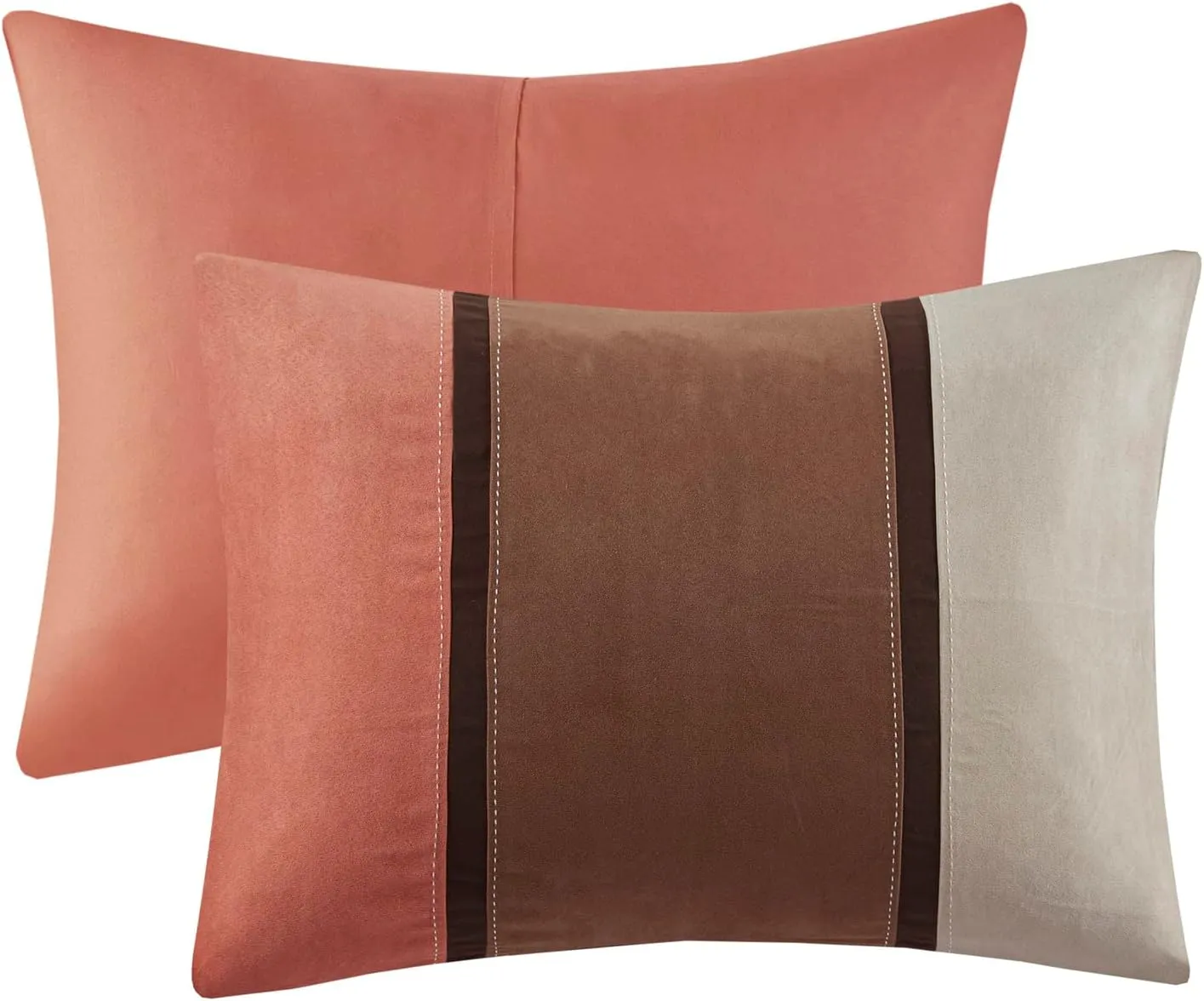 Madison Park Palisades Comforter Set Modern Faux Suede Pieced Stripe Design, All Season Down Alternative Cozy Bedding with Matching Shams, Decorative Pillows, King(104"x92"), Coral 7 Piece