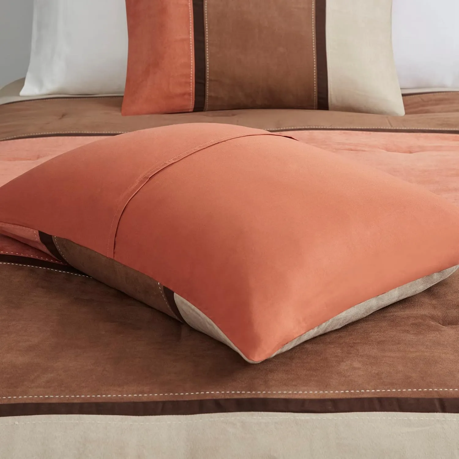 Madison Park Palisades Comforter Set Modern Faux Suede Pieced Stripe Design, All Season Down Alternative Cozy Bedding with Matching Shams, Decorative Pillows, King(104"x92"), Coral 7 Piece