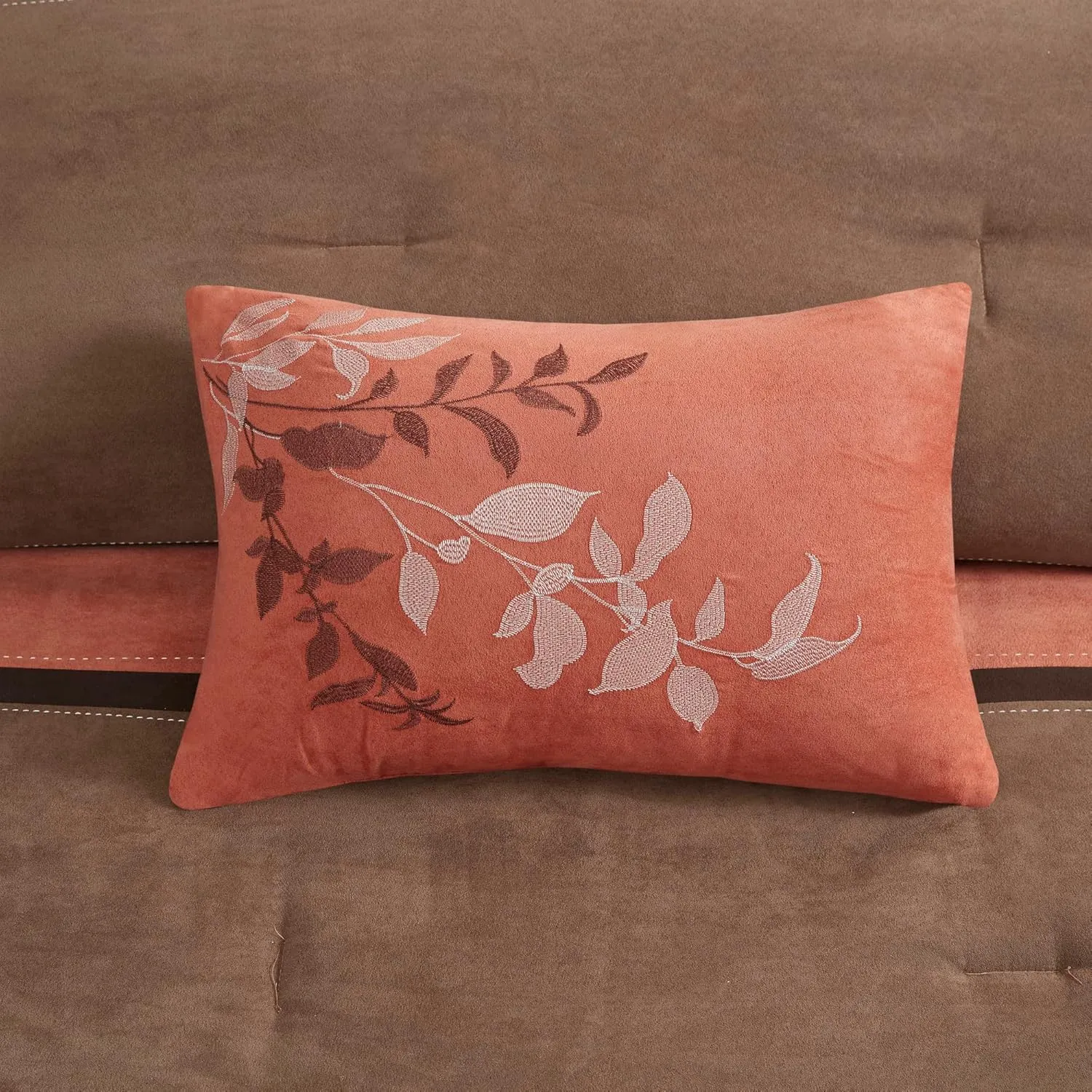 Madison Park Palisades Comforter Set Modern Faux Suede Pieced Stripe Design, All Season Down Alternative Cozy Bedding with Matching Shams, Decorative Pillows, King(104"x92"), Coral 7 Piece