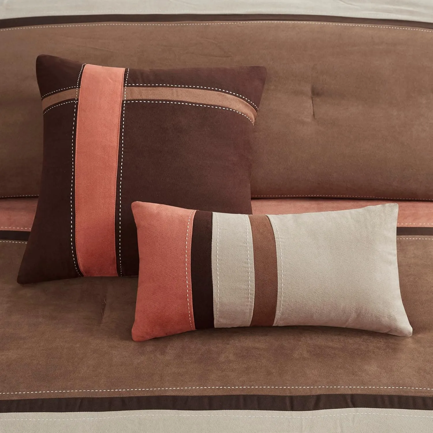 Madison Park Palisades Comforter Set Modern Faux Suede Pieced Stripe Design, All Season Down Alternative Cozy Bedding with Matching Shams, Decorative Pillows, King(104"x92"), Coral 7 Piece