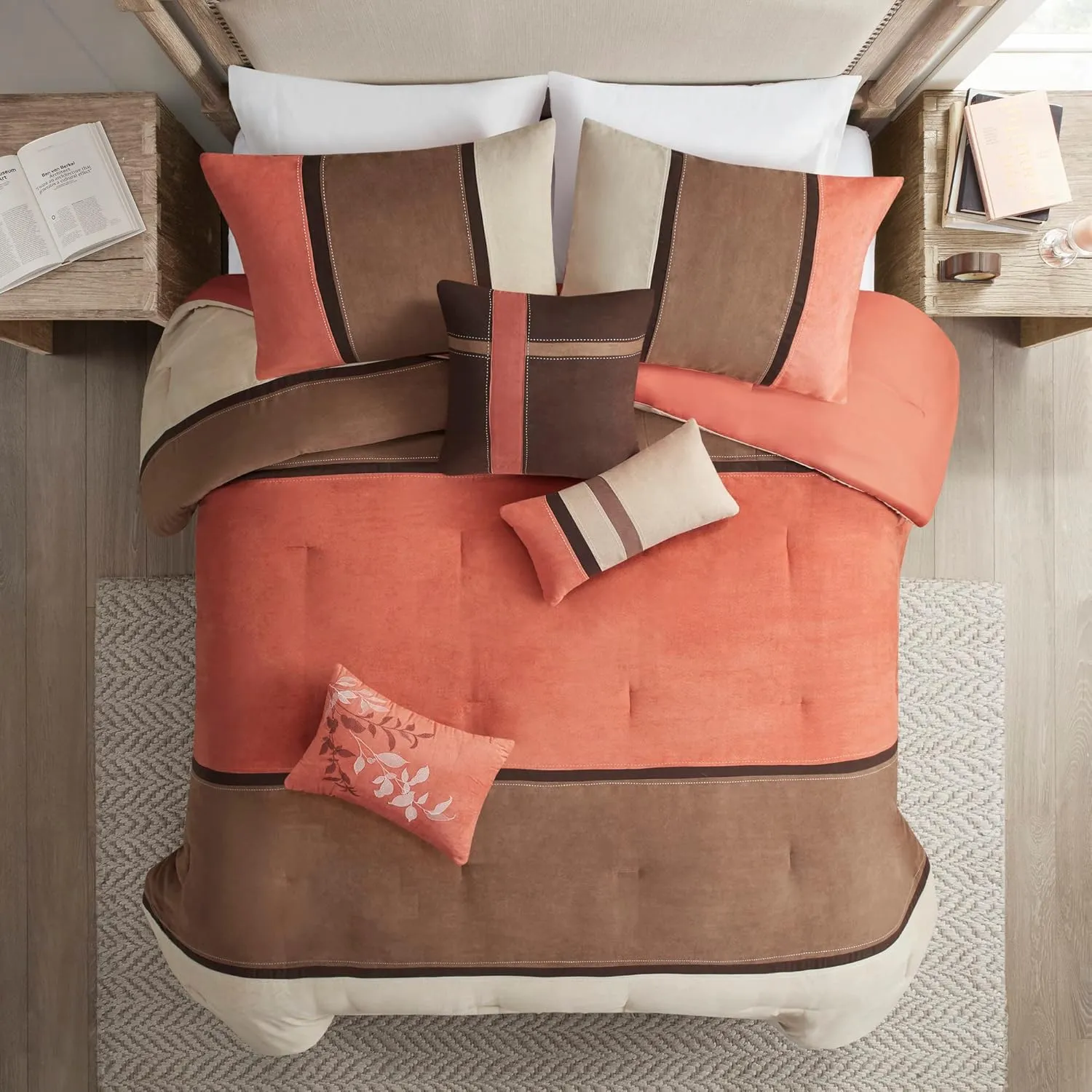 Madison Park Palisades Comforter Set Modern Faux Suede Pieced Stripe Design, All Season Down Alternative Cozy Bedding with Matching Shams, Decorative Pillows, King(104"x92"), Coral 7 Piece