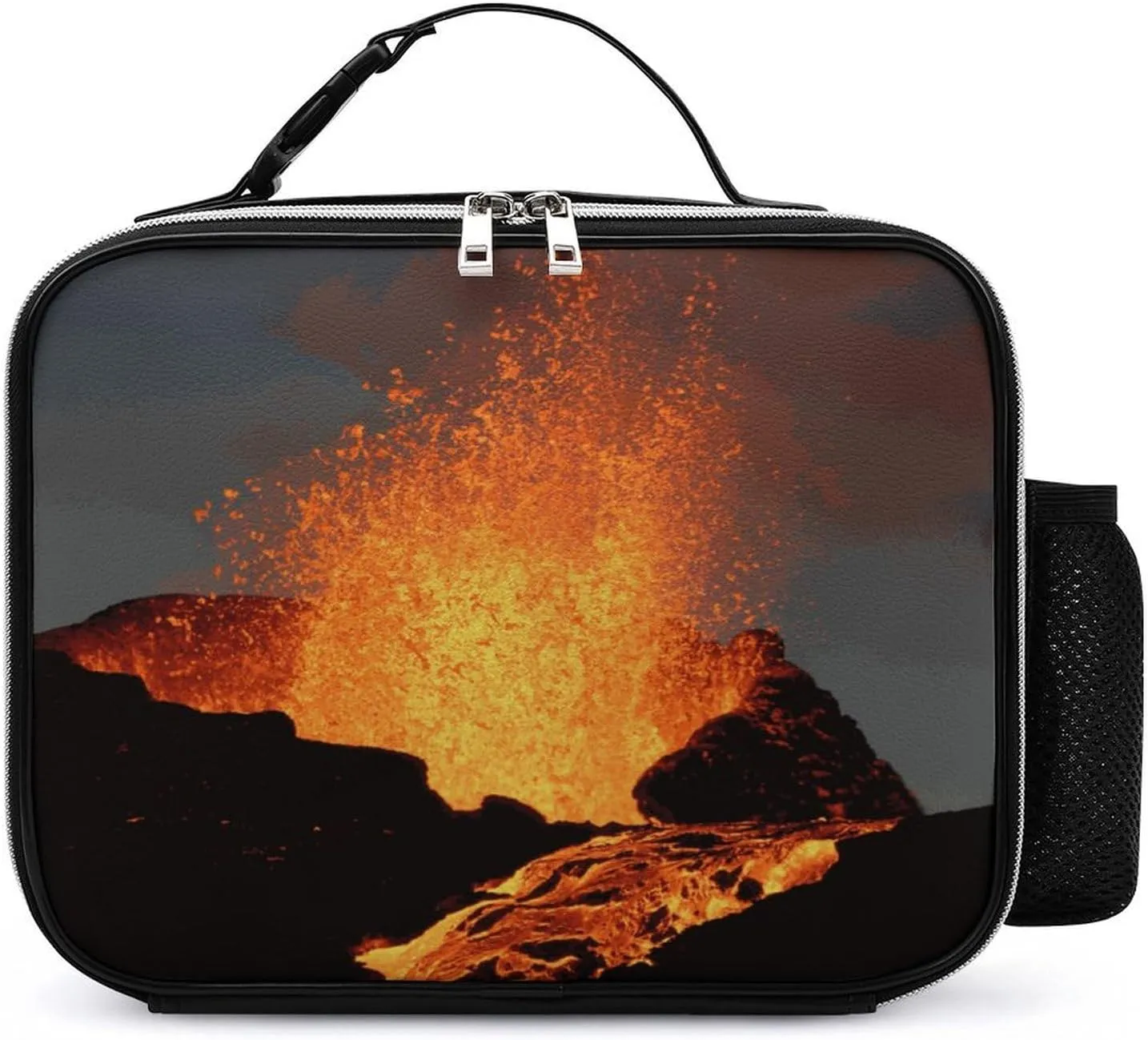 Magma Volcanoes Eruption Travel Lunch Bags Leather Insulated Tote Bag with Detachable Buckled Handle to-Go Food Containers