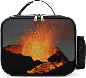 Magma Volcanoes Eruption Travel Lunch Bags Leather Insulated Tote Bag with Detachable Buckled Handle to-Go Food Containers