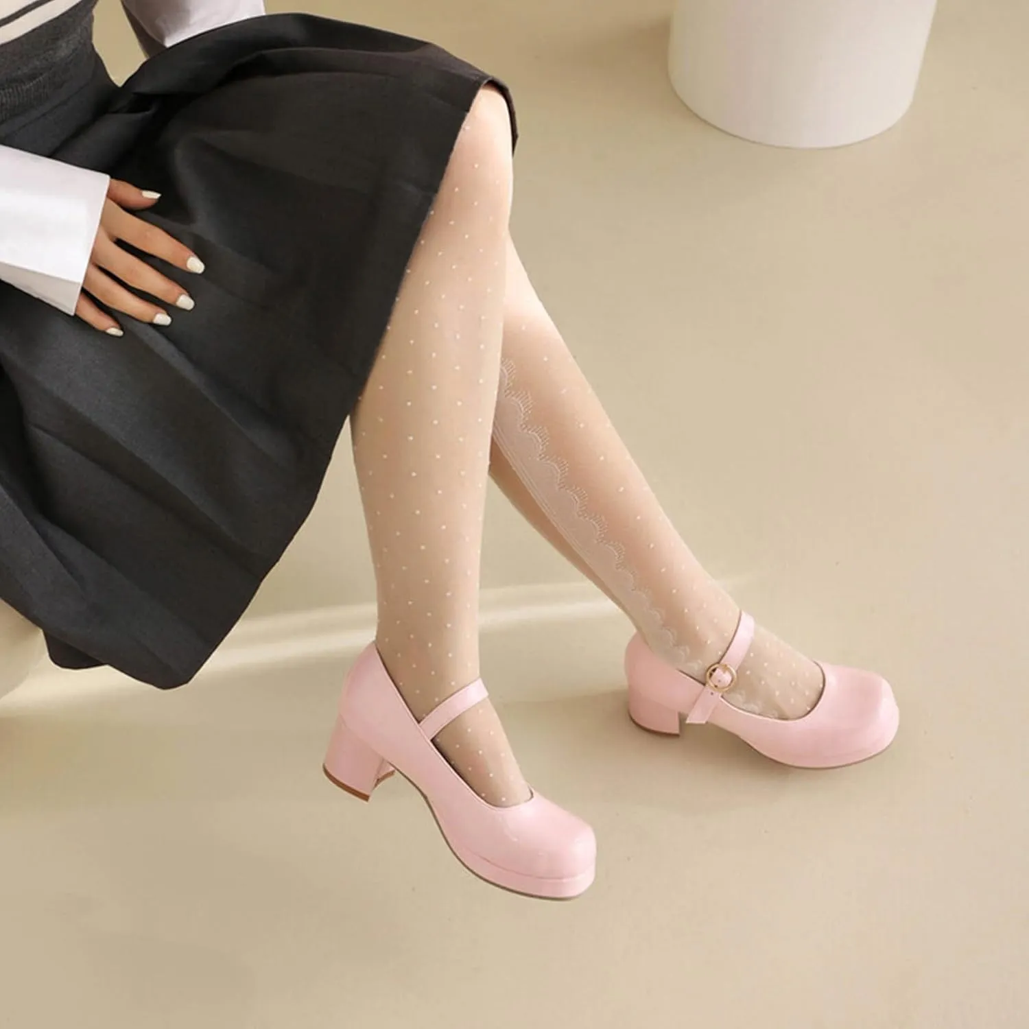 Mary Jane Heels Round Closed Toe High Block Chunky Heels Mary Jane Pumps Comfortable Vintage Heels Dress Shoes