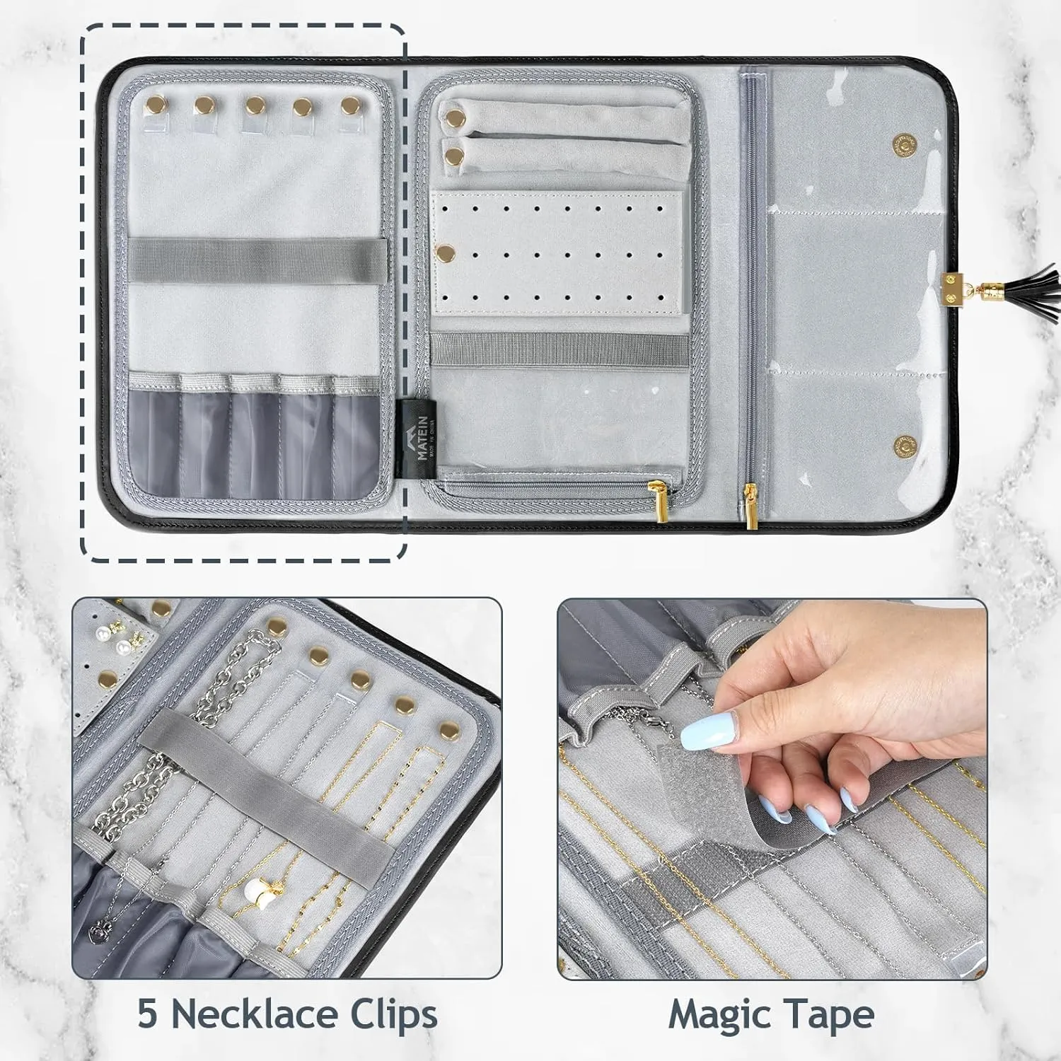 MATEIN Black Jewelry Organizer, Vegan Leather Big Jewelry Travel Rolls with Clear Pockets, Tangle-Free Necklace Holder for Daily Jewels Earrings Rings Bracelets, Great Gifts for Women
