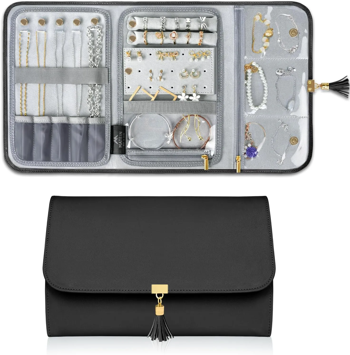 MATEIN Black Jewelry Organizer, Vegan Leather Big Jewelry Travel Rolls with Clear Pockets, Tangle-Free Necklace Holder for Daily Jewels Earrings Rings Bracelets, Great Gifts for Women