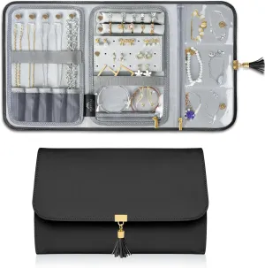 MATEIN Black Jewelry Organizer, Vegan Leather Big Jewelry Travel Rolls with Clear Pockets, Tangle-Free Necklace Holder for Daily Jewels Earrings Rings Bracelets, Great Gifts for Women