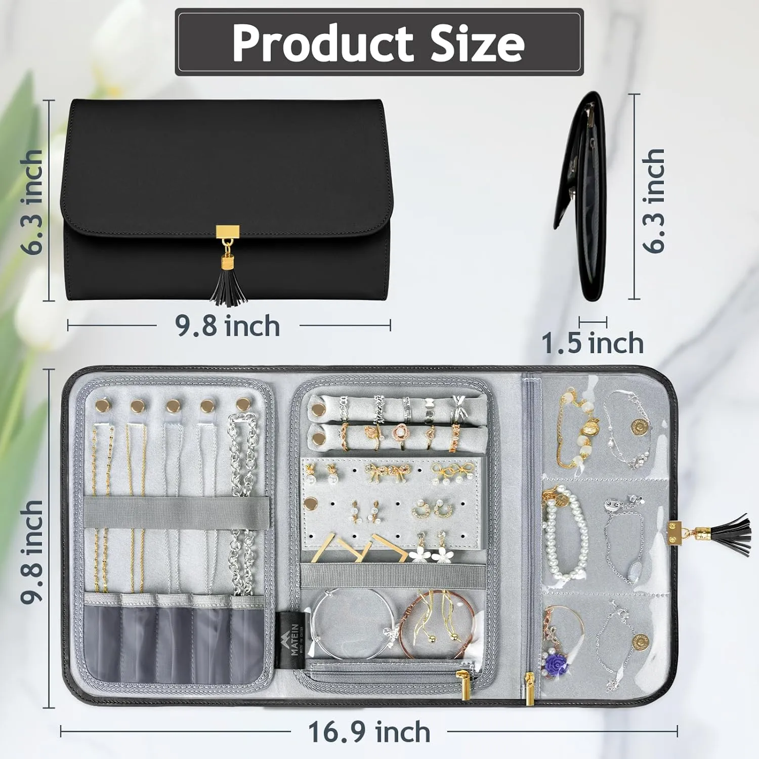 MATEIN Black Jewelry Organizer, Vegan Leather Big Jewelry Travel Rolls with Clear Pockets, Tangle-Free Necklace Holder for Daily Jewels Earrings Rings Bracelets, Great Gifts for Women