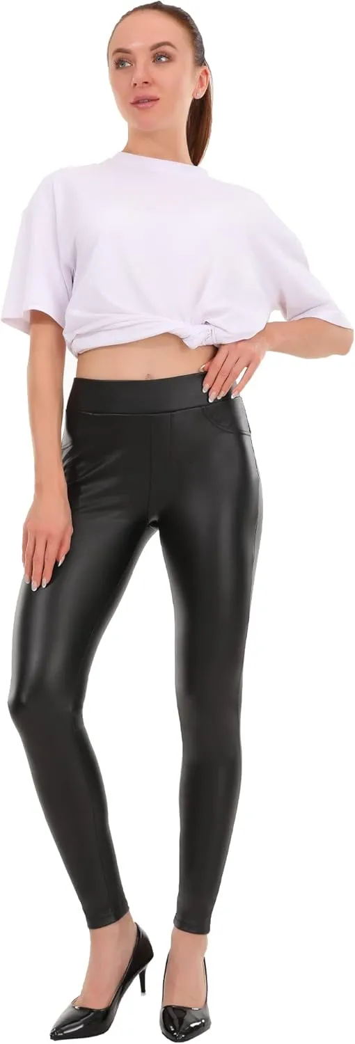 MCEDAR Women’s Faux Leather Leggings with Pocket Plus Size Girls High Waisted Sexy Skinny Pants