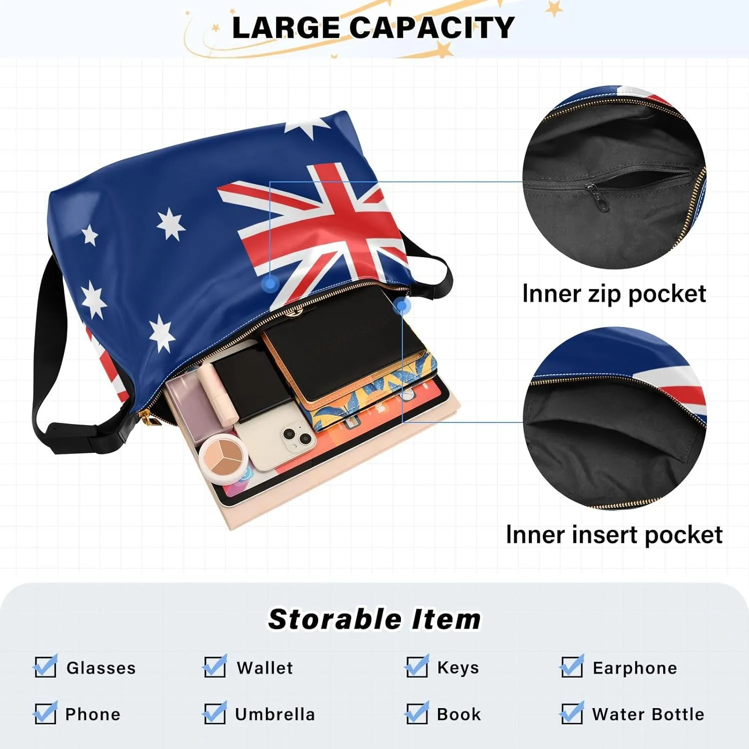 MCHIVER Flag Hobo Shoulder Bag for Women Men PU Leather Crossbody Bag Slouchy Tote Handbags for Working Shopping Traveling