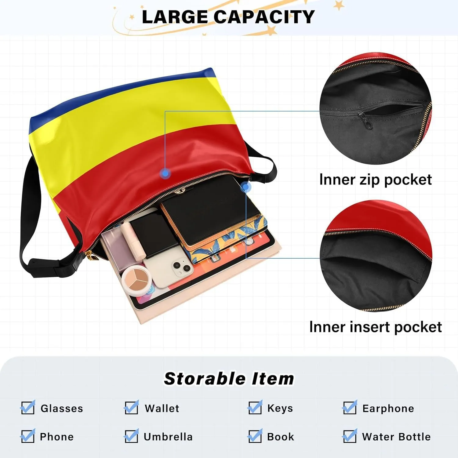 MCHIVER Flag Hobo Shoulder Bag for Women Men PU Leather Crossbody Bag Slouchy Tote Handbags for Working Shopping Traveling