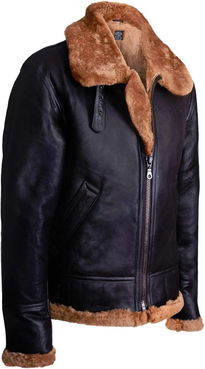 Men's Aviator Ginger Brown B3 Real Shearling Sheepskin Leather Bomber Flying Jacket