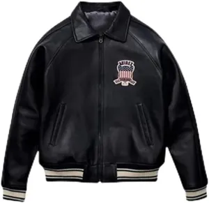 Men's Avirex Real Leather Jacket, Black Flight Bomber, American Varsity Style | Classic Cowhide Real Leather Jacket