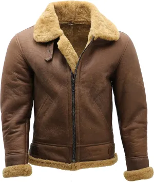 Men's Brown B3 Shearling Sheepskin WW 2 Bomber Leather Flying Aviator Jacket