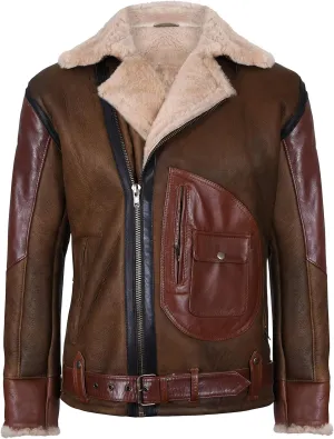 Mens Brown Crossover B3 Sheepskin Aviator Flying Leather Biker Jacket