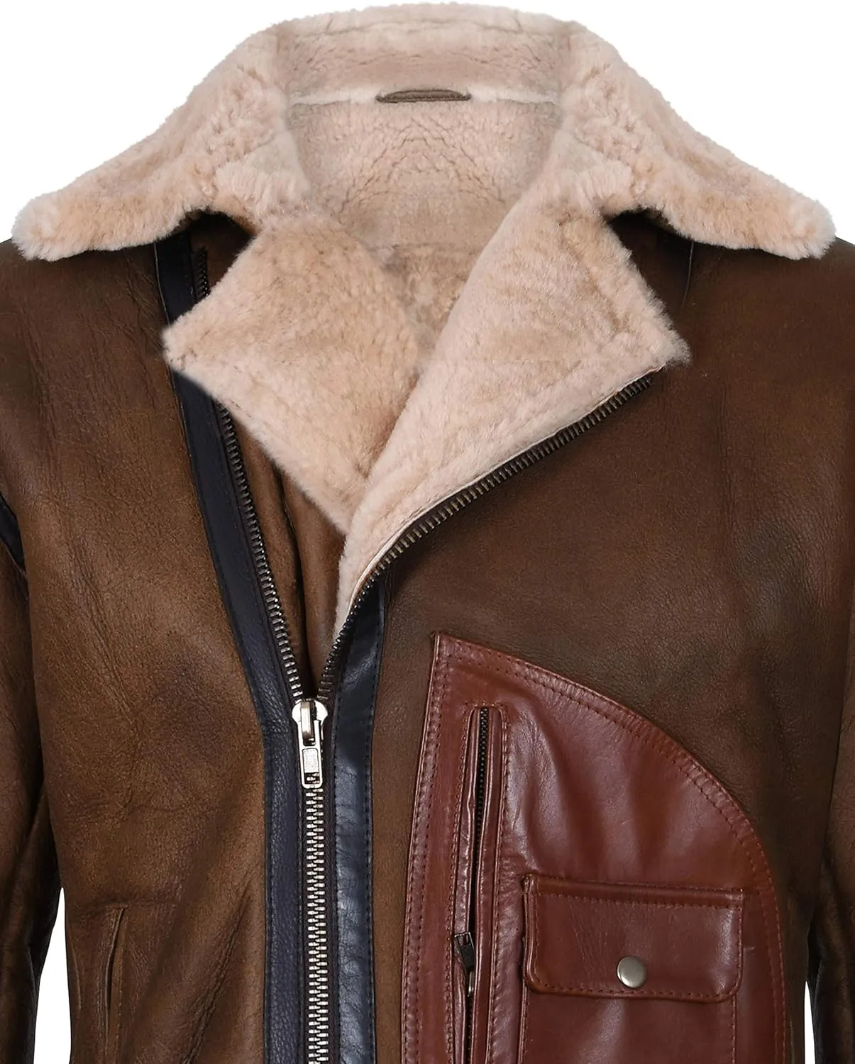 Mens Brown Crossover B3 Sheepskin Aviator Flying Leather Biker Jacket