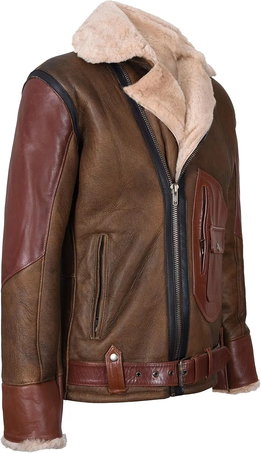 Mens Brown Crossover B3 Sheepskin Aviator Flying Leather Biker Jacket