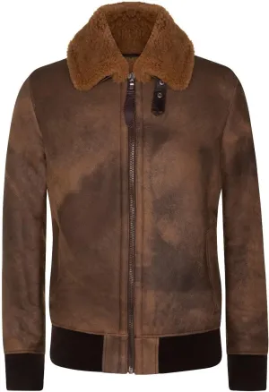 Men's Brown Genuine Sheepskin Shearling Leather B3 Bomber Aviator Jacket