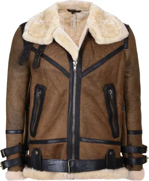 Mens Brown Vintage Pilot B3 Sheepskin Flying Leather Jacket