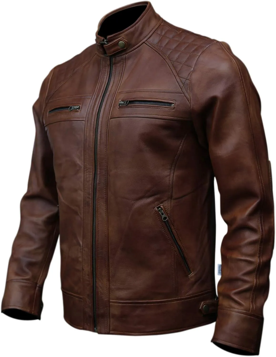 Mens Genuine Leather Biker Jacket Black | Vintage Brown Distressed Lambskin Motorcycle Jackets for Men