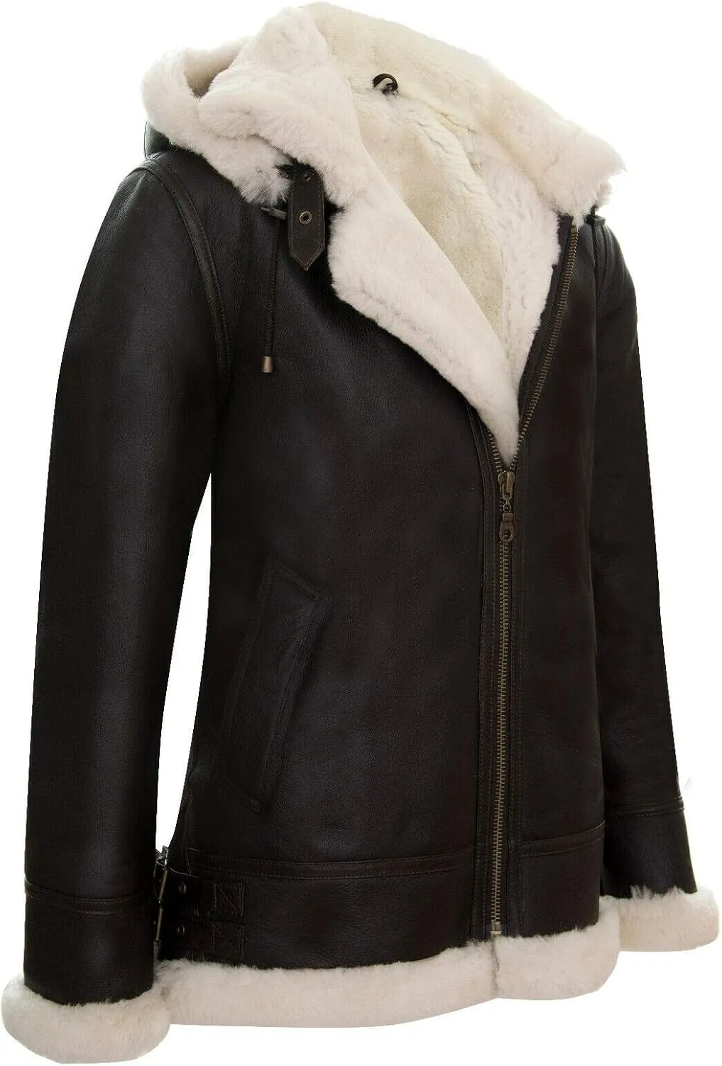Men's Genuine Leather Sheepskin Flying Hooded Bomber B3 Aviator Pilot Jacket