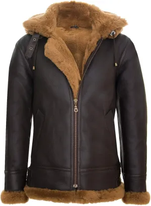 Men's Genuine Leather Sheepskin Flying Hooded Bomber B3 Aviator Pilot Jacket