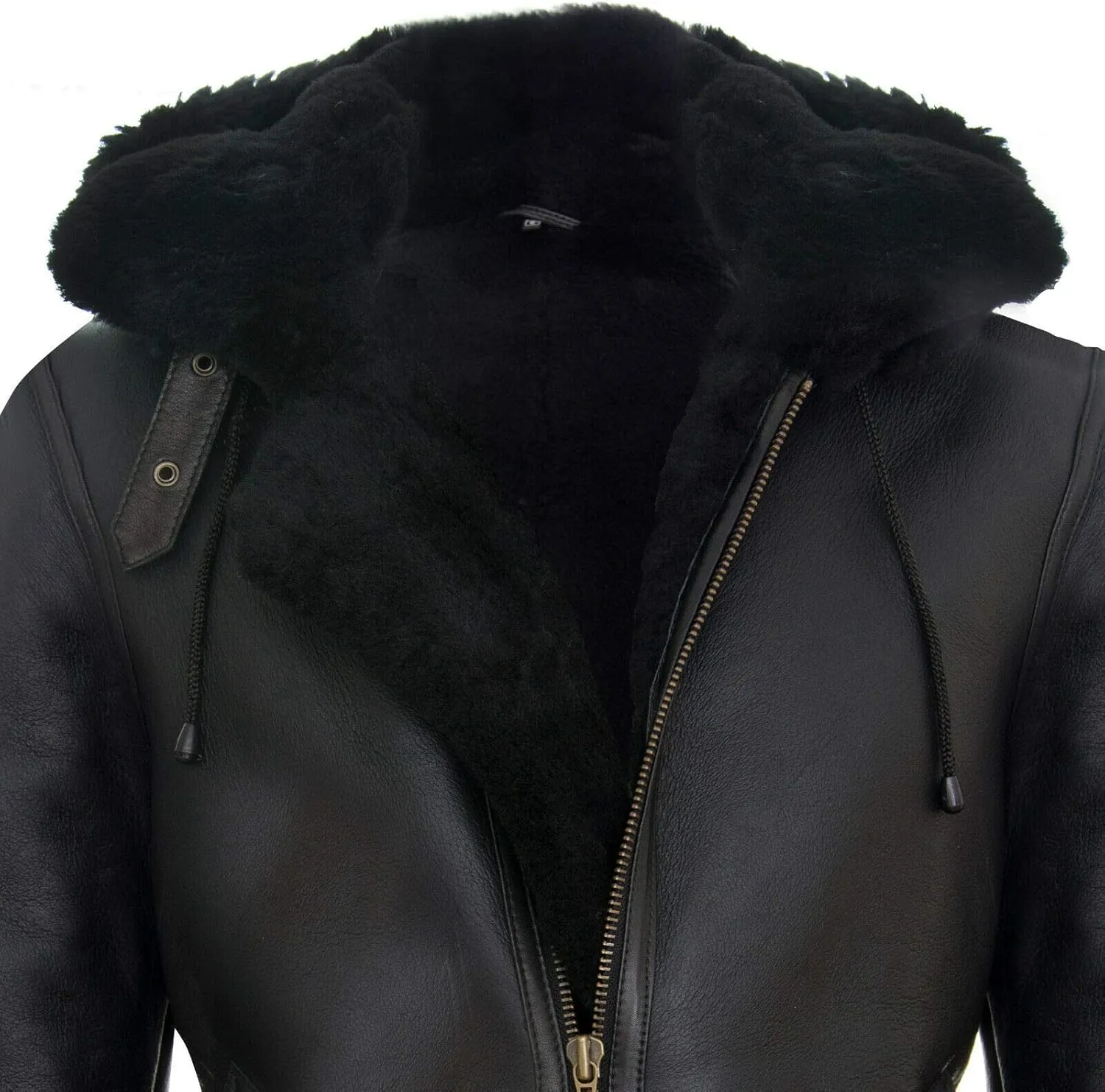 Men's Genuine Leather Sheepskin Flying Hooded Bomber B3 Aviator Pilot Jacket
