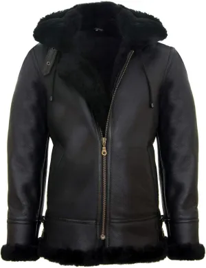 Men's Genuine Leather Sheepskin Flying Hooded Bomber B3 Aviator Pilot Jacket