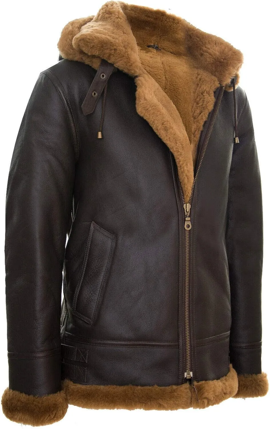 Men's Genuine Leather Sheepskin Flying Hooded Bomber B3 Aviator Pilot Jacket