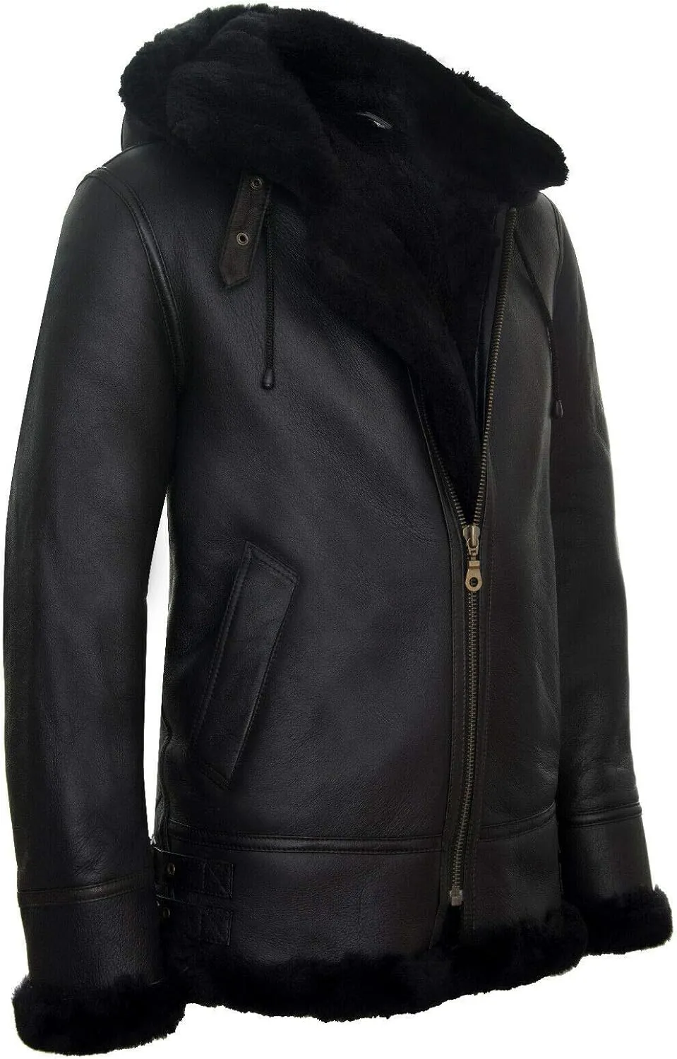 Men's Genuine Leather Sheepskin Flying Hooded Bomber B3 Aviator Pilot Jacket