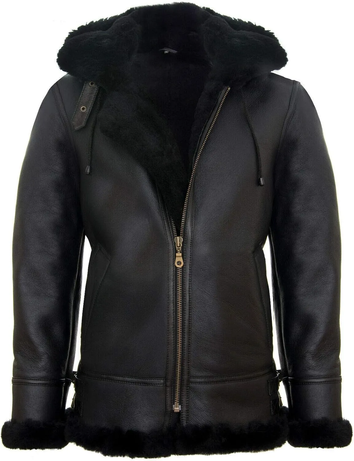 Men's Genuine Leather Sheepskin Flying Hooded Bomber B3 Aviator Pilot Jacket