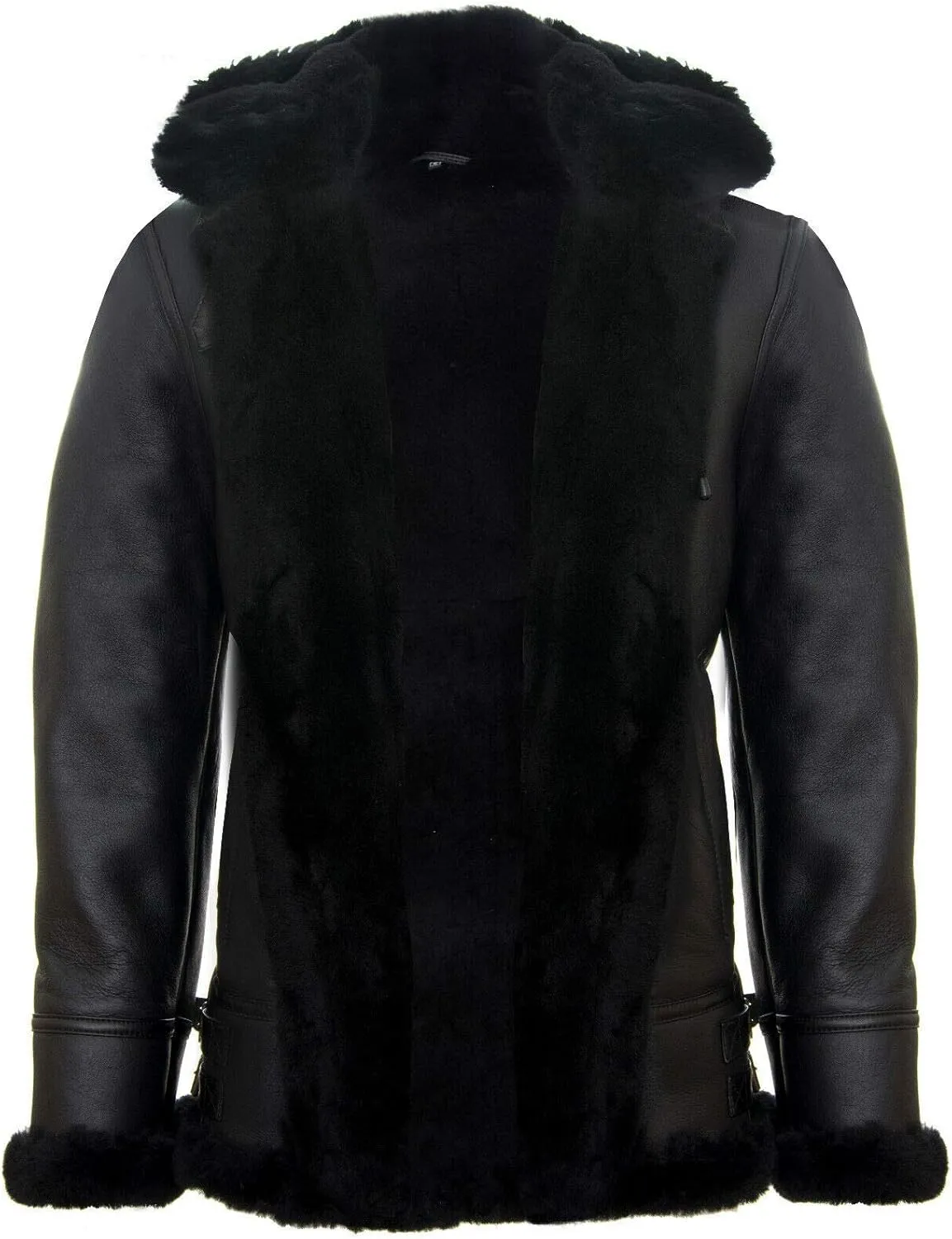 Men's Genuine Leather Sheepskin Flying Hooded Bomber B3 Aviator Pilot Jacket