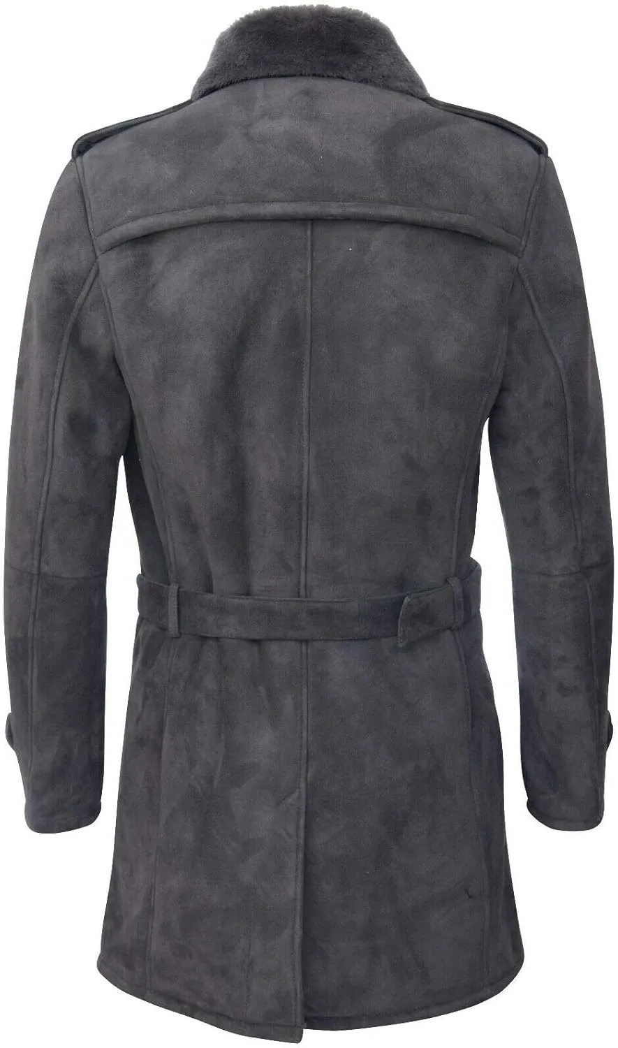 Men's German Military Double Breasted Real Sheepskin Suede Leather Pea Coat