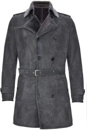 Men's German Military Double Breasted Real Sheepskin Suede Leather Pea Coat