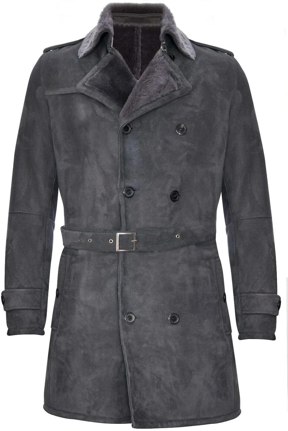 Men's German Military Double Breasted Real Sheepskin Suede Leather Pea Coat