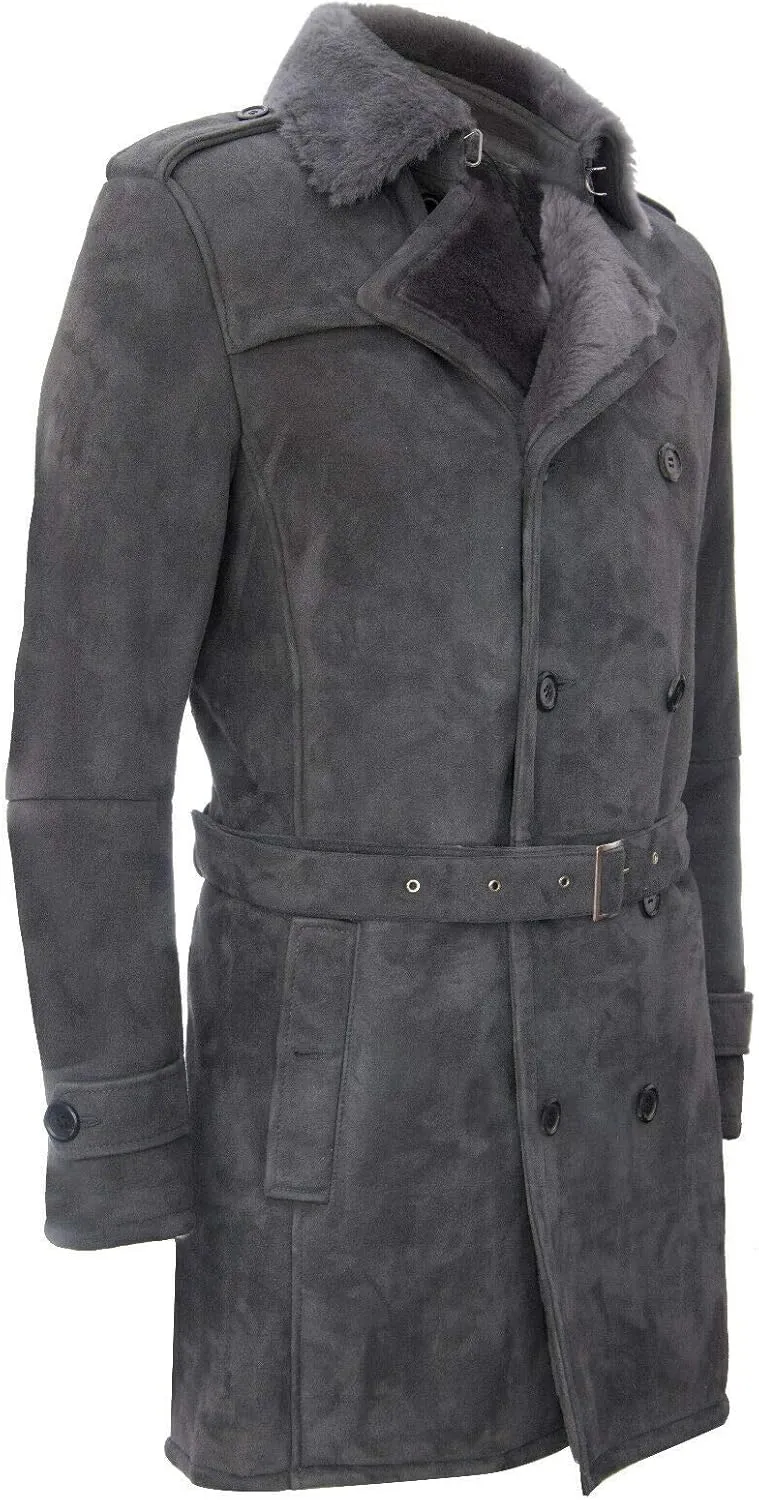 Men's German Military Double Breasted Real Sheepskin Suede Leather Pea Coat