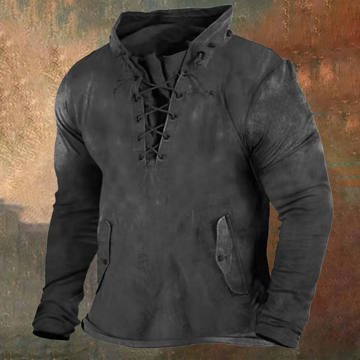 Men's Lace Up Distressed Hoodie Washed Distressed Work Military Tactical Pollover Tops Outdoor Sport Sweatshirt with Pockets