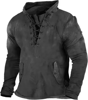 Men's Lace Up Distressed Hoodie Washed Distressed Work Military Tactical Pollover Tops Outdoor Sport Sweatshirt with Pockets