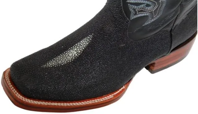 Men’s Leather Stingray Print Square Toe Black Cowboy Western Boot