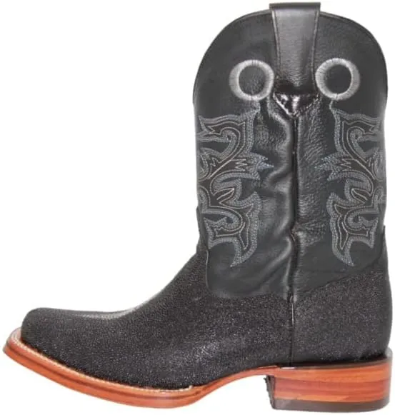 Men’s Leather Stingray Print Square Toe Black Cowboy Western Boot