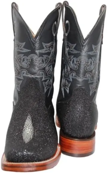Men’s Leather Stingray Print Square Toe Black Cowboy Western Boot