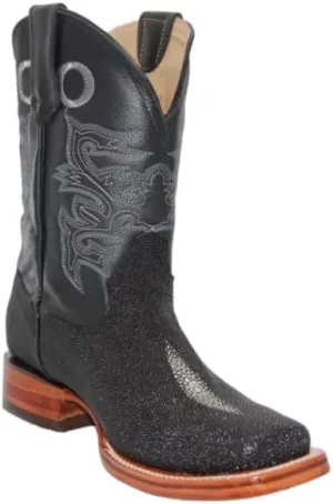 Men’s Leather Stingray Print Square Toe Black Cowboy Western Boot