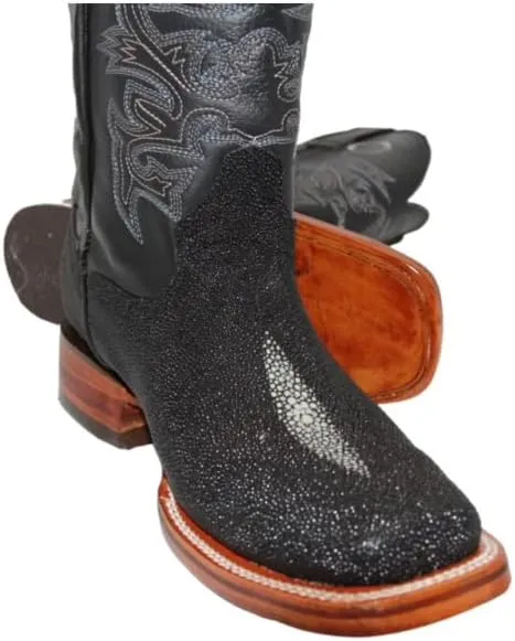 Men’s Leather Stingray Print Square Toe Black Cowboy Western Boot