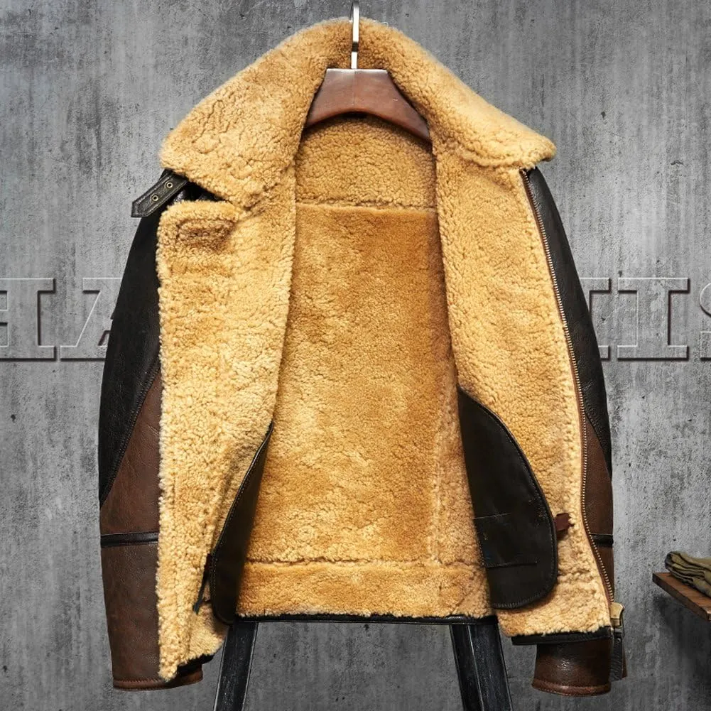Men's Shearling Leather Jacket Light Brown B3 Jacket Men's Fur Coat Aviation Original Flying Jacket