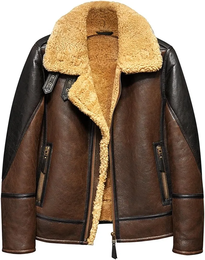 Men's Shearling Leather Jacket Light Brown B3 Jacket Men's Fur Coat Aviation Original Flying Jacket